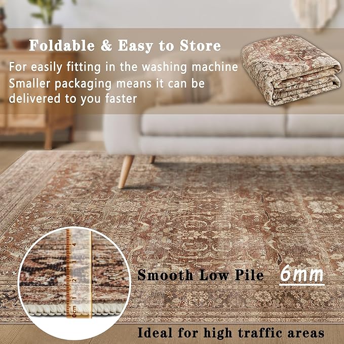 vivorug 9x12 Area Rugs for Living Room, Non Slip Machine Washable Vintage Rug, Ultra-Thin Lightweight Large Area Rug for Bedroom, Dining Room, Low Pile Brown Rug