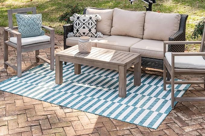Unique Loom Outdoor Striped Collection Area Rug - Striped (4' 1" x 6' 1" Rectangle, Teal/Ivory)