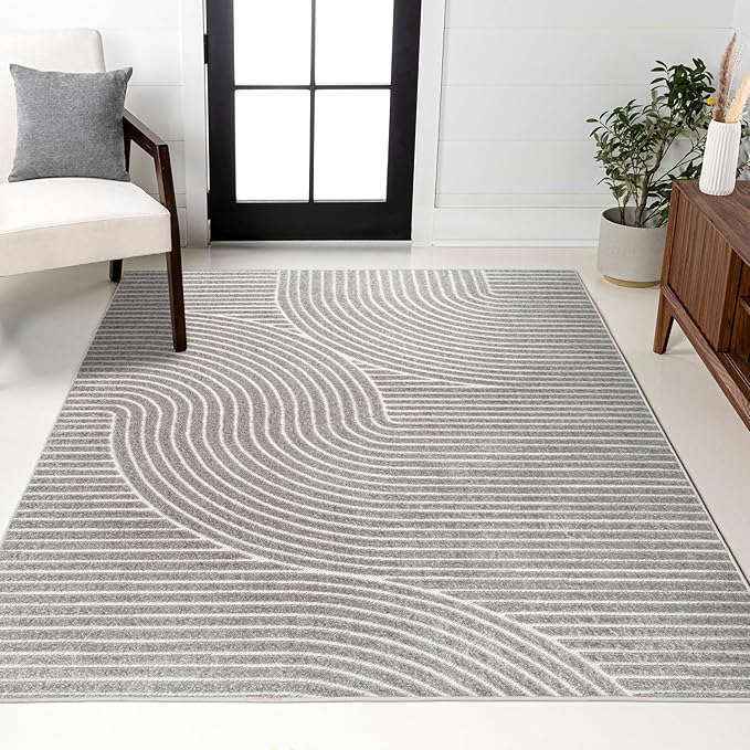 JONATHAN Y Hallie High-Low Curve Gray/Ivory Indoor/Outdoor Area Rug, 5x8, Minimalist, Pet Friendly, Non-Shedding, Stain Resistant, Hose-Washable for Backyard, Patio, Porch (SCN100A-5)