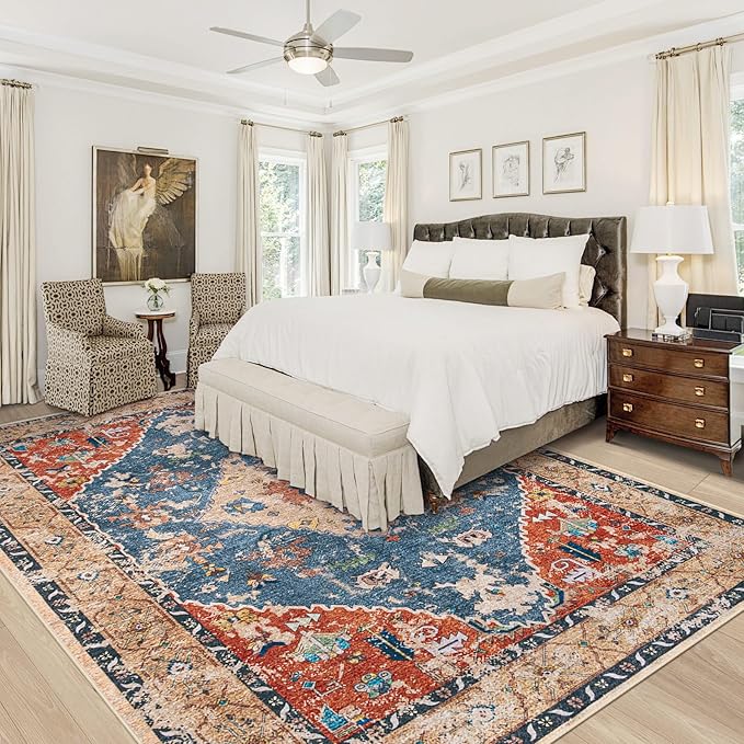 Area Rug 8x10 Washable Rug, Vintage Boho Medallion Rugs Non-Slip Soft Low Pile Large Distressed Rug Indoor Retro Carpet for Living Room Bedroom Dining Room Home Office (Tribal Medallion/Multi, 8'x10')
