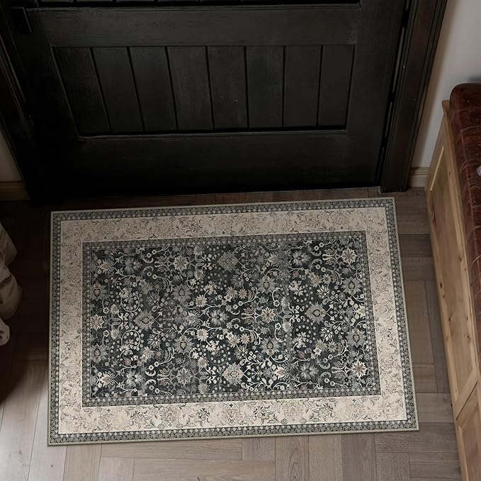 HUGEAR 2x3 Entryway Rug Machine Washable Area Rug Black Beige Small Rugs Door Mat Indoor Accent Carpet Floral Low Pile Distressed Throw Rugs Kitchen Office Non Slip