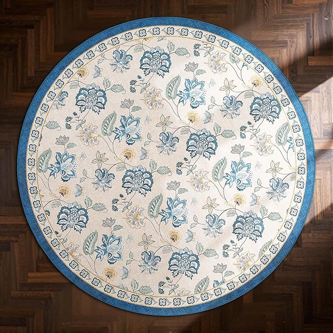 jinchan Elora 8ft Floral Round Rug for Dining Room Washable Living Room Rug Vintage Romance Design Non Slip Indoor Floor Cover Lightweight Low-Profile Throw Carpet for Bedroom Porch Patio, Blue/Beige