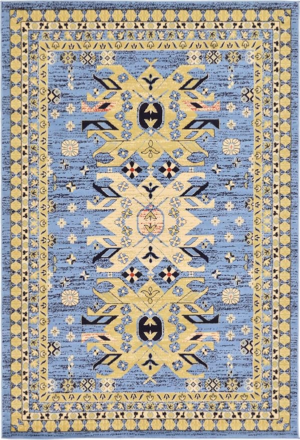 Unique Loom Taftan Collection Border Geometric Tribal Inspired Design Area Rug (6' 0 x 9' 0 Rectangular, Light Blue/ Gold)
