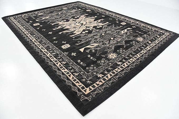 Unique Loom Taftan Collection Border Geometric Tribal Inspired Design Area Rug (9' 0 x 12' 0 Rectangular, Black/ Gray)