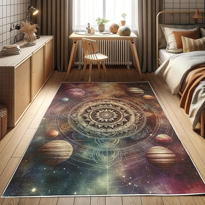 Ambesonne Galaxy Decorative Rug, Dreamy Art of Starry Outer Space with Planets Featuring Oriental Mandala, Quality Carpet for Bedroom Dorm and Living Room, 2' 5" x 5', Pale Camel Dried Rose