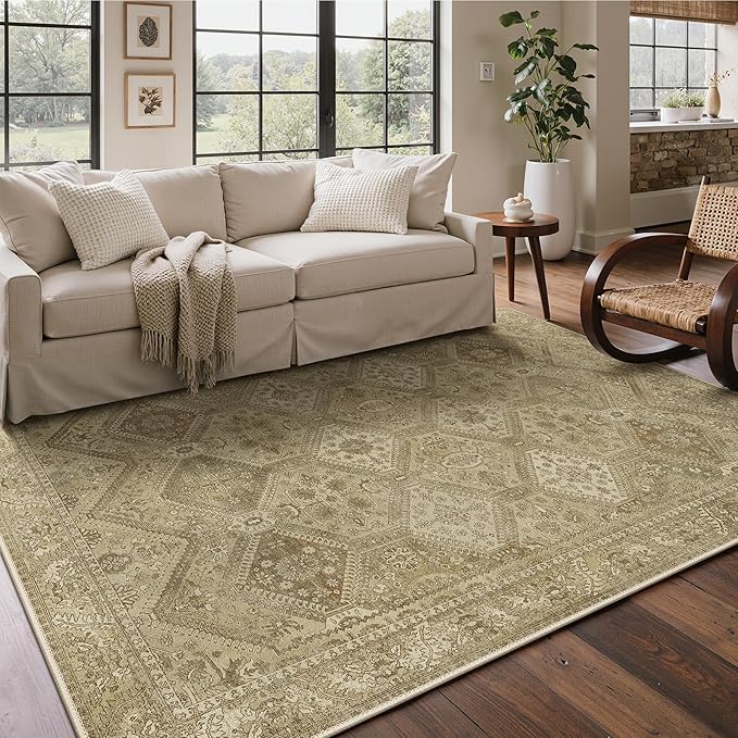 Bavni 6x9 Area Rugs for Living Room, Machine Washable Rug Non Slip, Vintage Chenille Distressed Print Carpet, Large Low Pile Ultra-Thin Lightweight Rugs for Bedroom, Dining Room, Office, Nut Brown