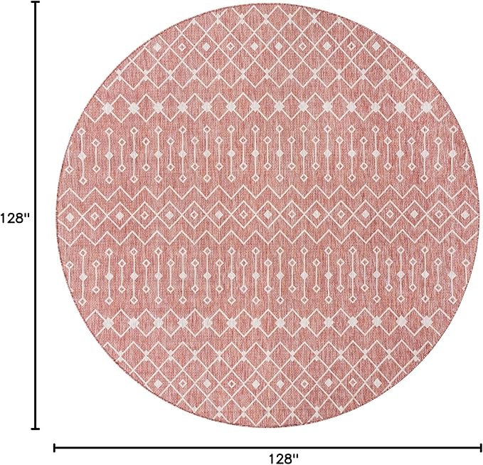 Unique Loom Outdoor Trellis Collection Area Rug - Tribal Trellis (10' 8" Round, Rust Red/ Ivory)