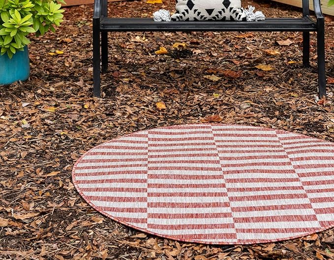 Unique Loom Outdoor Collection Classic Stripes, Transitional Indoor & Outdoor Area Rug, Rectangular 4' 0" x 4' 0", Red/Ivory