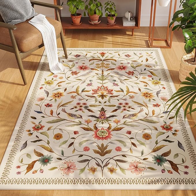 Vintage Medallion Floral 4x6 Rug, Machine Washable Non-Slip Area Rug, Low Pile Soft Carpet for Entry, Living Room, Office, Kids, Girl/Boys Room | Beige