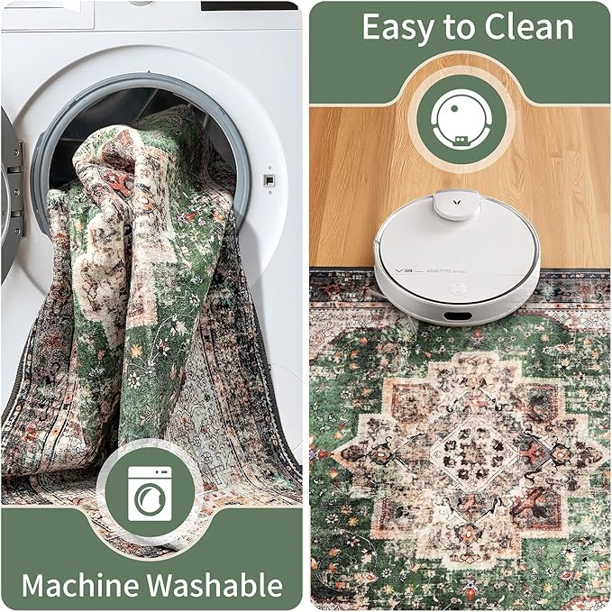Round Rug 6ft for Bedroom, Green Washable Circle Rug Non-Slip Boho Area Rug 6' Round Carpet for Dining Room Kitchen Dorm Bathroom Low Pile Soft