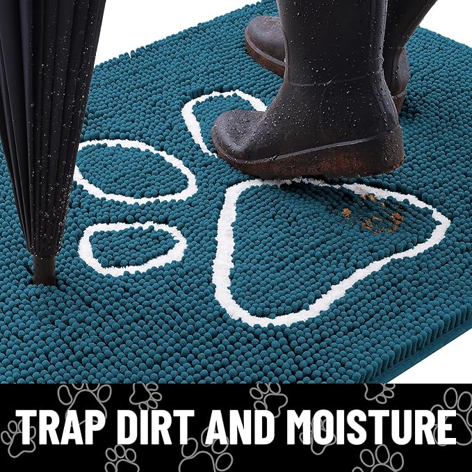 Smiry Dog Door Mat for Muddy Paws, Absorbent Dirt Trapper Non Slip Quick Dry Washable Chenille Mat for Mud Dogs, Entry Rug for Indoor and Outdoor (71x46 Inches, Atlantic Blue and White)