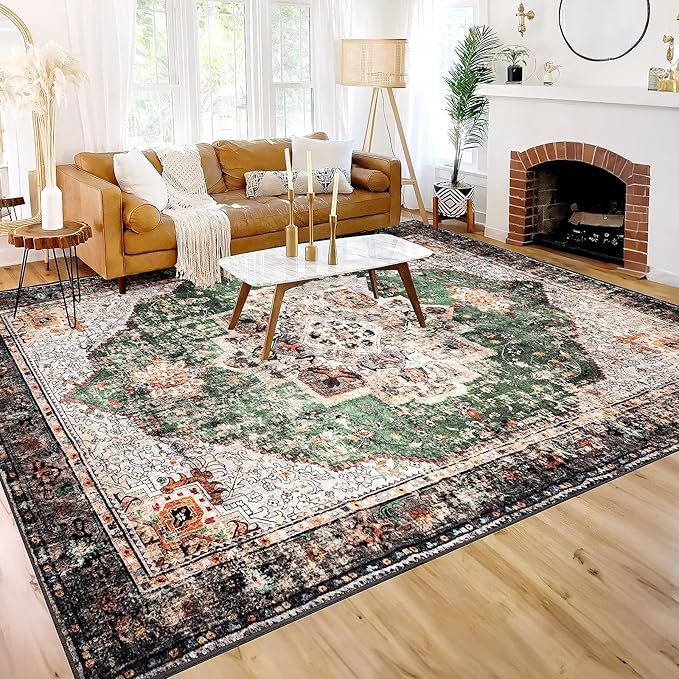 9x12 Area Rugs for Living Room Green Boho Washable Vintage Low Pile Non-Slip Large Carpet for Bedroom Dining Room