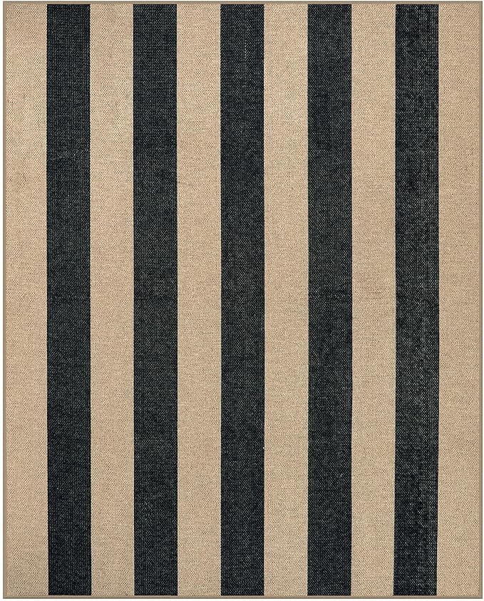 Lahome Striped Easy Jute Outdoor Rug, Washable Rugs 8x10 for Living Room Patio Indoor Outdoor Black Carpet, Farmhouse Neutral Non Slip Non Shedding Floor Carpet for Office Sunroom Dining Room