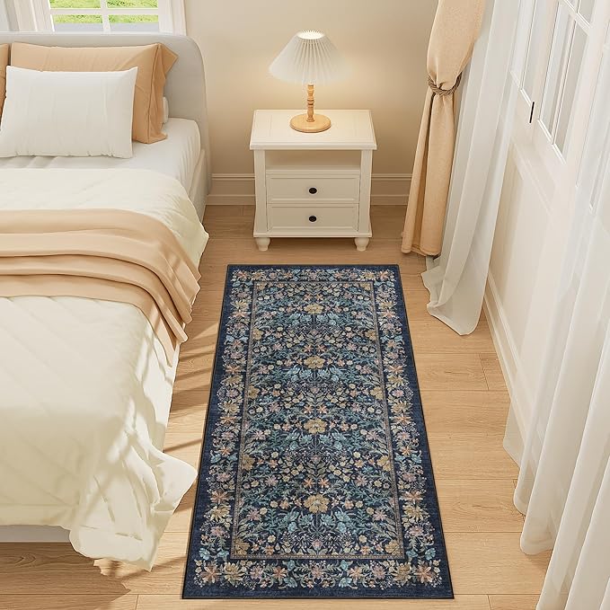 DUKINO 2x4 Rug for Entryway, Lightweight Washable Runner Rug with Non Slip Backing, Vintage Floral Low Pile Small Carpet Runner for Kitchen, Hallway, Entryway, Bathroom, Bedroom, Dark Blue