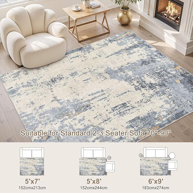 5x7 Area Rug Living Room Rugs - Washable Neutral Modern Abstract Soft Thin Rug Indoor Floor No Slip Rug Carpet for Bedroom Under Dining Table Home Office Decor - Blue/Light Brown