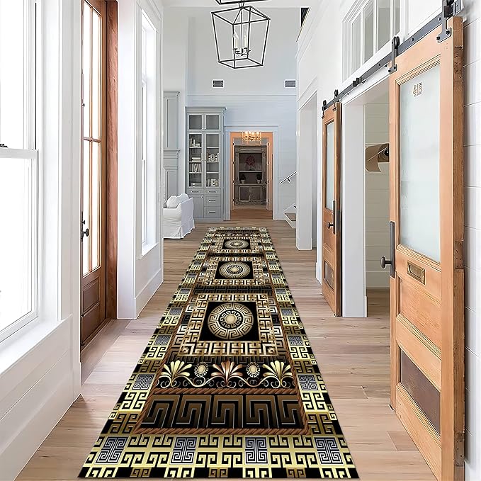 Luxury Greek Key Runner Rug, 4x12ft, Black Gold Arabic Style Long Hallway Rug Runners, Modern Black Gold Rugs for Living Room, Easy Clean Pet Friendly Non-Slip Mat for Entryway Floor