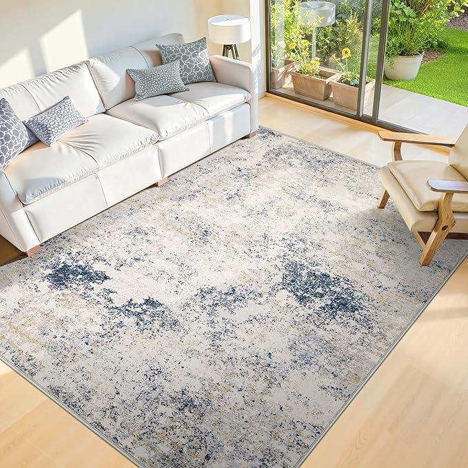 5x8 Washable Area Rugs - Modern Abstract Rugs for Living Room Non-Slip Low Pile Soft Machine Washable Carpet for Bedroom, Dining Room, Nursery, Home Office, Farmhouse (5'x8' Beige Blue)