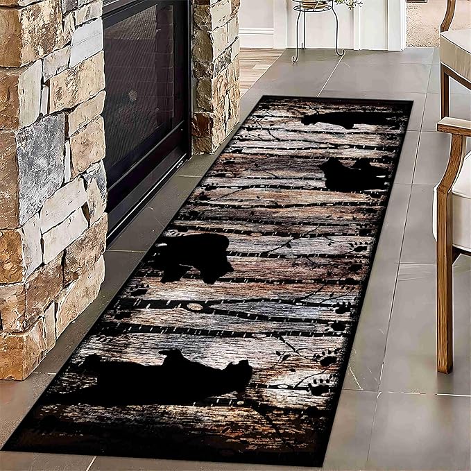 Wildlife Bear Runner Rug, 3.3x10ft, Vintage Wood Grain Wild Animal Black Bear Corridor Carpet, Non-Slip Washable Long Runner Rug for Farmhouse, American Country Wood Floor Entrance Rug Door Mat