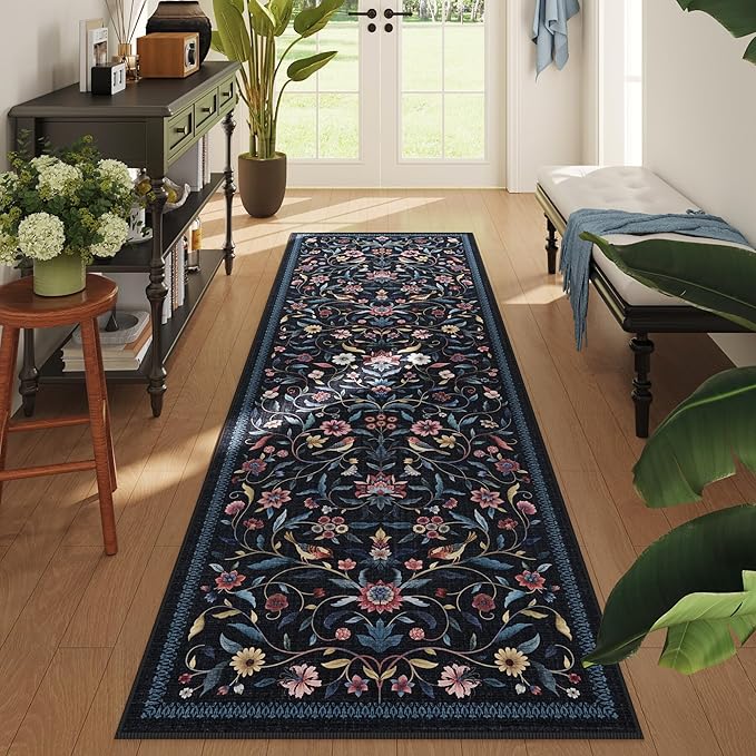 Vintage Medallion Floral Kitchen Runner 2x6, Machine Washable Rug, Soft Low Pile, Non-Slip Carpet for Hallways, Laundry, Bedroom, Bathroom, Entryway | Blue