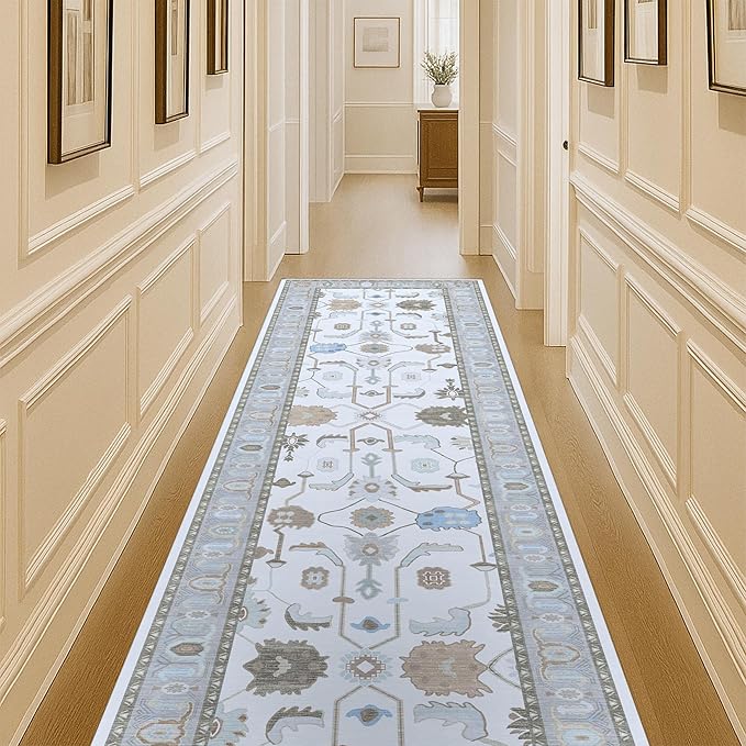 Fame Living Cream Grey Oushak Runner Rug, Modern Runners, Vintage, Turkish, Eclectic, Floral, Pastel, Washable, Runner for Hallway, Kitchen, Bedroom, Bathroom, 2'5"x9'8"