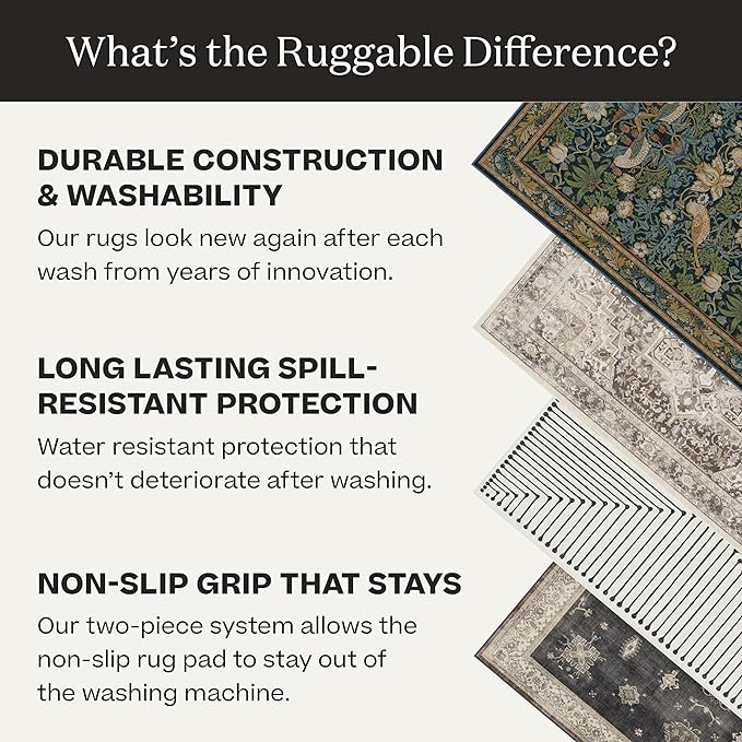 RUGGABLE Washable Vintage Area Rug – Kamran Ivory Opal 2x3, Stain-Resistant, Non-Slip – Small Machine Washable Rugs for Living Room, Bedroom, Hallway, Entryway & Bathroom–with Cushioned Pad