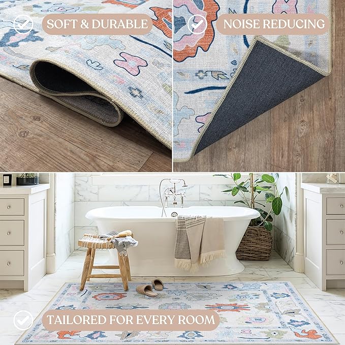 Fame Living Cream Oushak Runner Rug, Vintage Runners, Turkish, Eclectic, Floral, Pastel, Washable, Small Throw Rugs, Short Runner for Hallway, Entryway, Laundry, Bedroom, Kitchen, Bathroom, 2'5"x6'5"