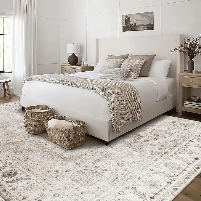 ReaLife Rugs Machine Washable Area Rug - Living Room Bedroom Bathroom Kitchen Entryway Office - Padded Low Pile Stain Resistant Premium - Boho Farmhouse Vintage - Joy - Beige Ivory 5' x 7'