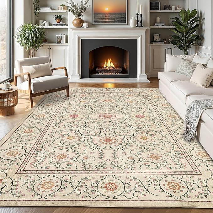 GarveeHome Boho 8x10 Area Rugs for Living Room, Floral Vintage Rugs for Bedroom with Soft Low Pile, Non Slip Stain Resistant Washable Rug 8x10 for Dining Room Camel Large Carpet for Office Playroom