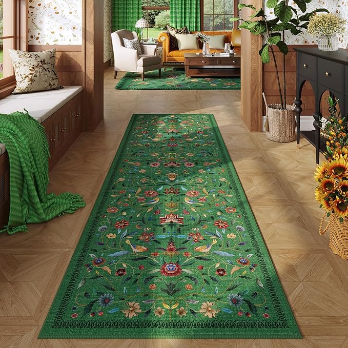 Vintage Medallion Floral Kitchen Runner 2x6, Machine Washable Rug, Soft Low Pile, Non-Slip Carpet for Hallways, Laundry, Bedroom, Bathroom, Entryway | Green