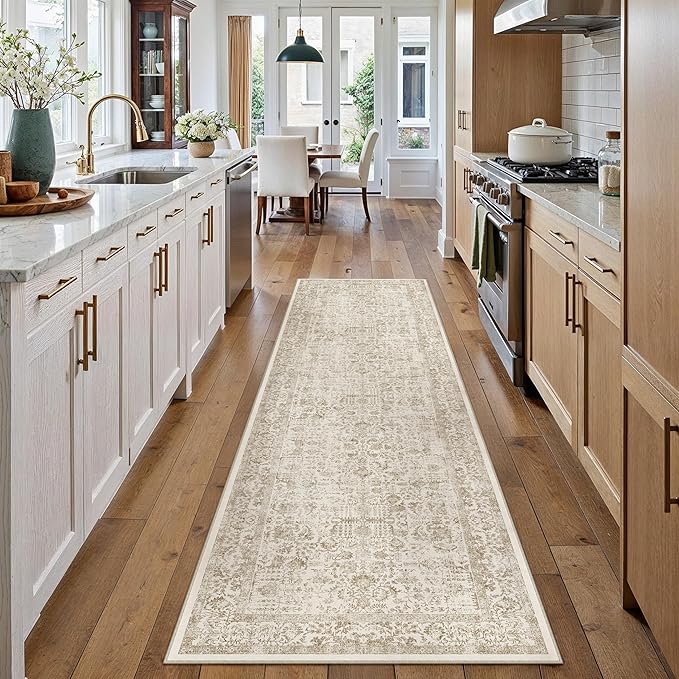 Light Brown Runner Rug 2x12 Hallway Machine Washable Kitchen Vintage Distressed Non Slip Long Carpet Indoor Retro Floral Bedroom Accent Throw Rug for Bathroom Office Laundry Dining Room