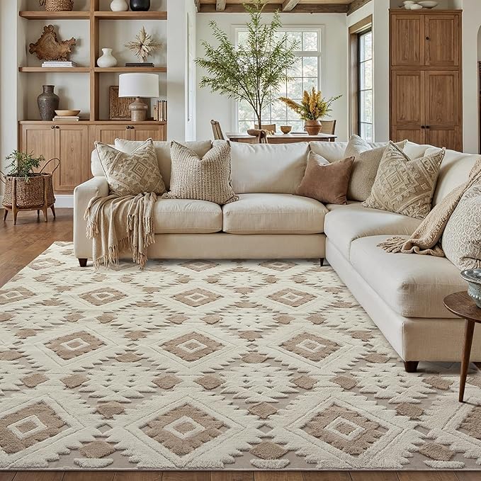 Ivory Brown 6x9 Area Rug Washable Living Room Moroccan Shag Carpet Non Slip Soft Neutral Boho Plush Pile Large Throw Rug for Office Bedroom Dining Room Playroom