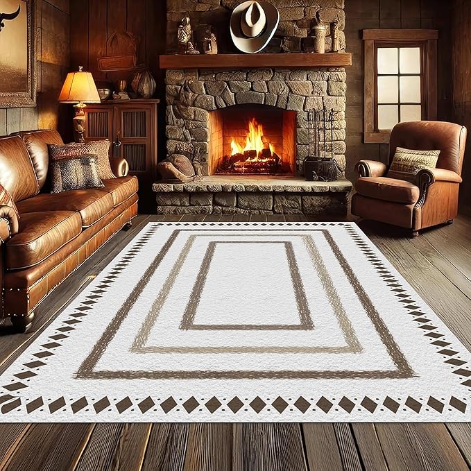 Moroccan Farmhouse Area Rugs 6x8ft, Neutral Geometric Pattern in Off-White Rug, Low Pile Machine Washable & Non-Slip Soft Carpet for Living Room, Bedroom & Dining Room