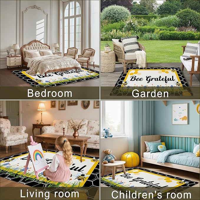 Bee Grateful Rug for Living Room 5x7, Low Pile Non-Slip Backing, Machine Washable Easy Fold Rug for Home, Office, Dorm Room