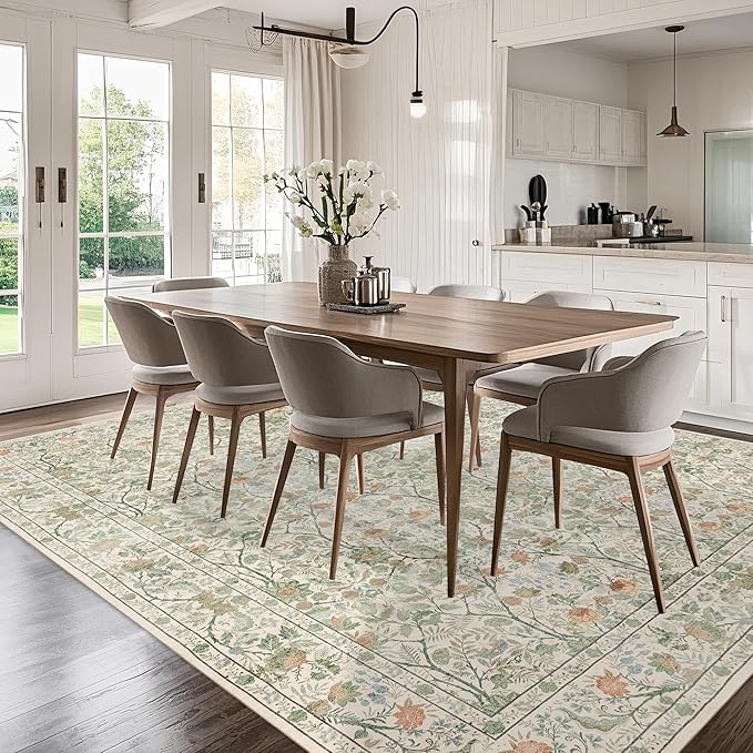 Washable Living Room Rug: 8x10 Boho Floral Soft Area Rug for Bedroom Decor - Vintage Low Pile Thin Carpet for Dining Room Non-Slip - Farmhouse Stain Resistant Rugs - Beige Green