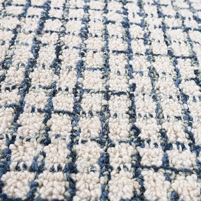 Hand-Tufted 100% Wool Pile Area Rug – Geometric Textured Grid Check Pattern – Thick and Durable Floor Carpet for Bedroom, Living Room, Kids Room, and Dining Area (Ivory, Denim, 10' x 14')