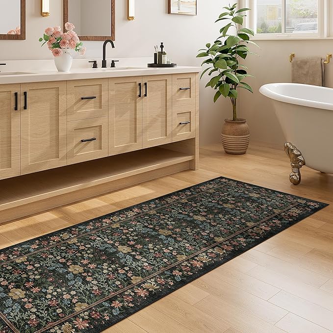 DOKINO 2x10 Runner Rug for Hallway, Vintage Washable Long Kitchen Rug with Low Pile Design, Floral Non Slip Soft Carpet Runner for Hallway, Kitchen, Bathroom, Bedroom, Black