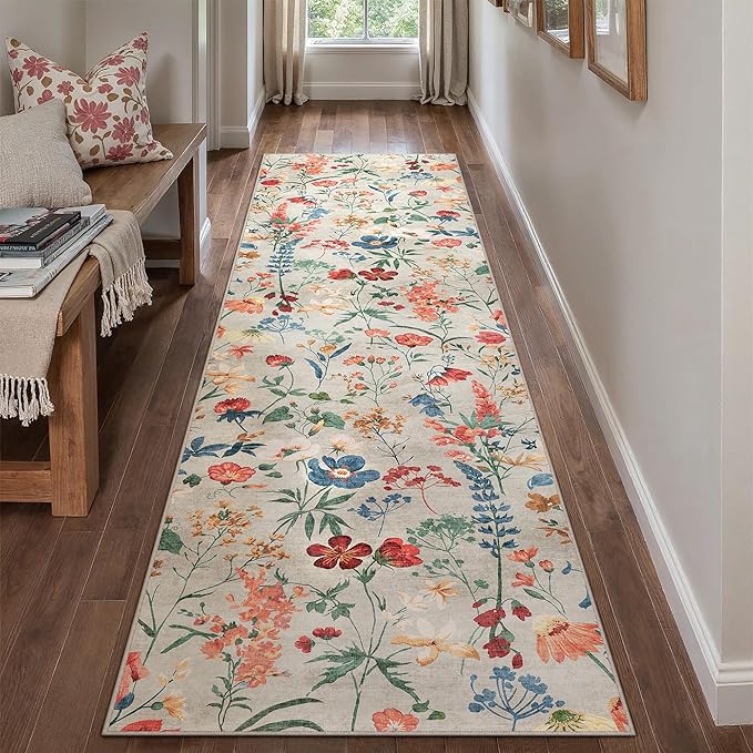 Floral Runner Rug 3x8 Washable Hallway Long Beige Bedroom Carpet Non Slip Indoor Boho Kitchen Low Pile Accent Rug Lightweight Soft for Bathroom Dining Laundry Living Room