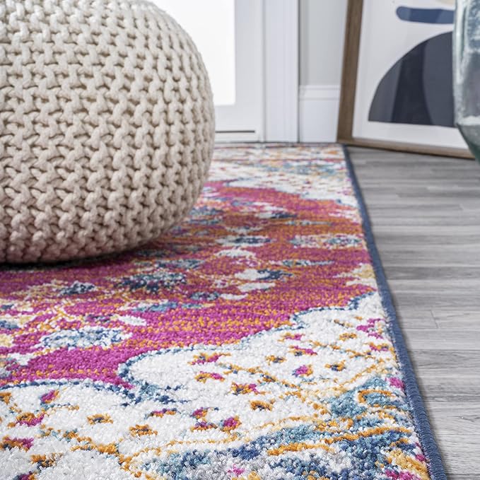 JONATHAN Y Boho Vintage Fuchsia/White Indoor Area Rug, 8x10, Bohemian Flair Medallion, Floral Easy-Cleaning High Traffic for Living Room, Bedroom, Kitchen, Pet-Friendly, Non-Shedding (BMF106C-8)