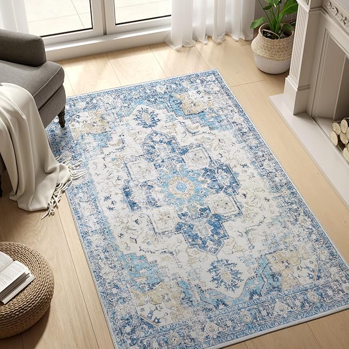 jinchan Kelda Area Rug 3x5 Washable Entryway Rug Vintage Soft Indoor Floor Cover Retro Distressed Mat Accent Lightweight Non-Slip Thin Carpet for Kitchen Bathroom Living Room Bedroom Blue