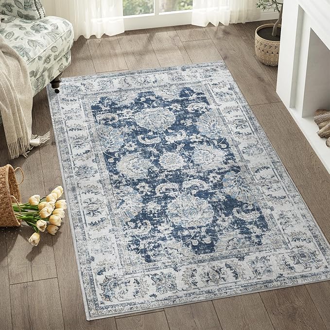 jinchan Fiora Floral 3x5 Area Rugs for Entryway - Machine Washable Taupe Vintage Distressed Design Doormat Non-Slip Ultra-Thin Low Pile Boho Rug for Kitchen Living Room Farmhouse (3‘x5', Dark Blue)