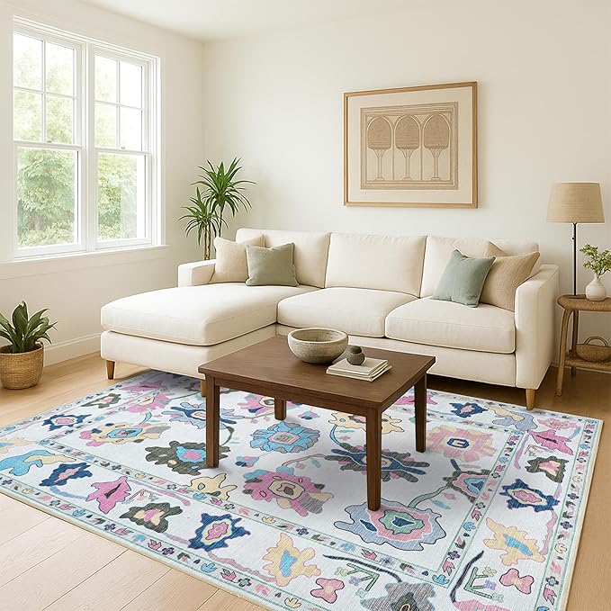 Fame Living Colorful Oushak Rug, Modern, Vintage, Turkish, Eclectic, Floral, Pastel, Washable, Large Area Rugs for Living Room, Dining, Bedroom, Girls, Boys, 7'5"x9'8"