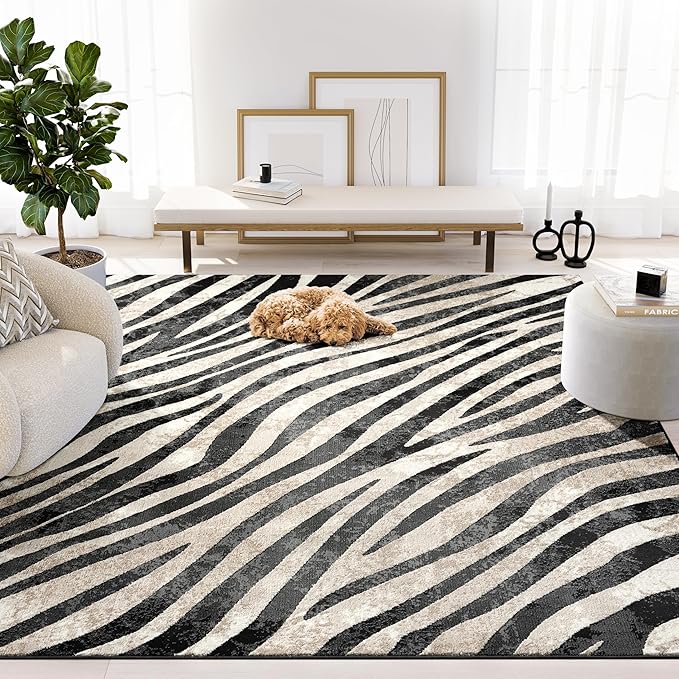 Abani Terra Area Rug for Living Room, Bedroom - Zebra Pattern - Black Cream - 5' x 8' - Durable & Easy to Clean
