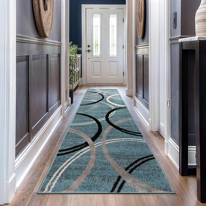 Rugshop Modern Wavy Circles Design Runner Rug, Non-Shedding Carpet for Hallway, Kitchen, or Entryway, Blue, 2'7" x 12'