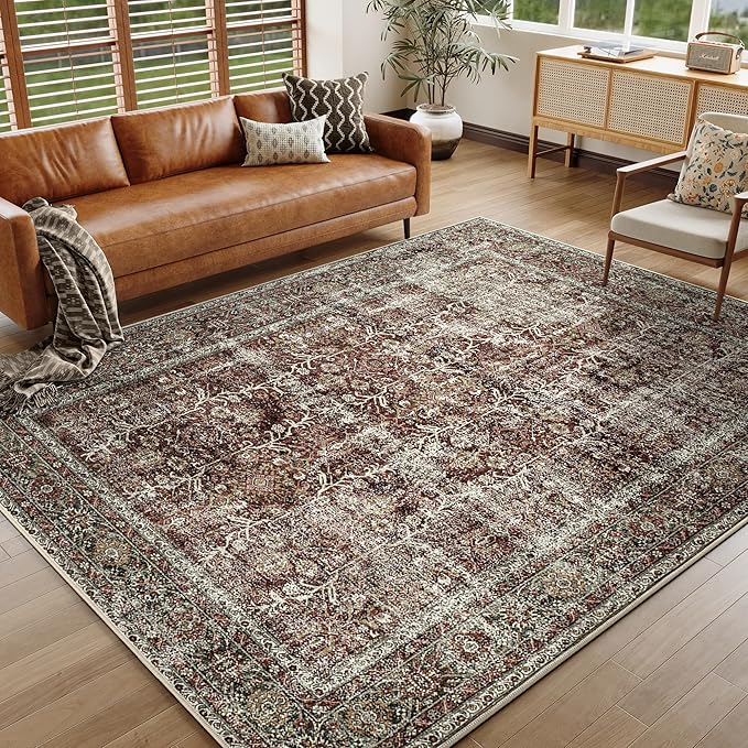 Vintage Area Rug 8x10 Rust Red Washable Living Room Large Carpet Non Slip Bedroom Indoor Office Low Pile Traditional Distressed Retro Accent Rug for Dining Room