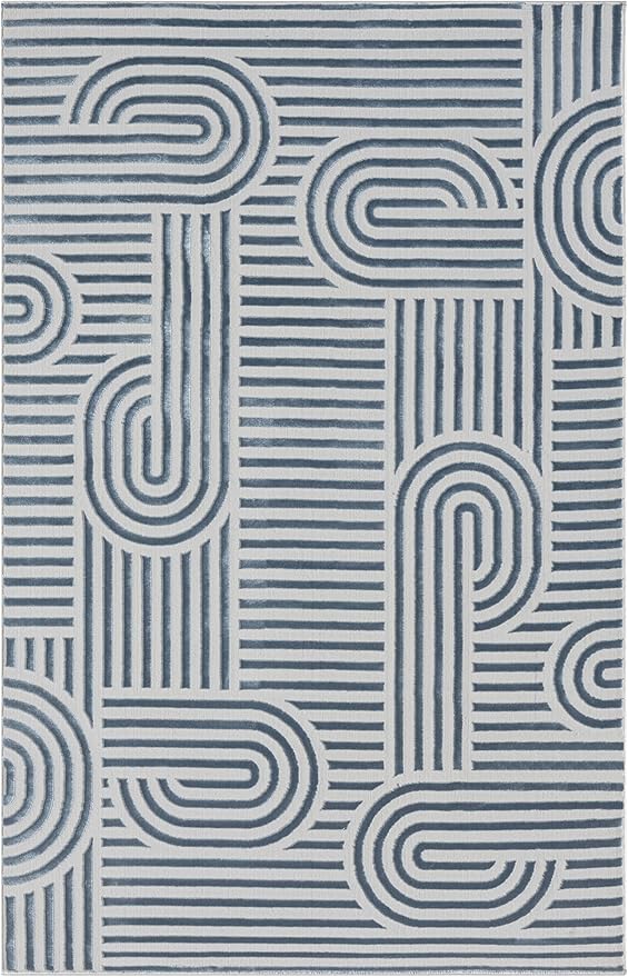Annabel Modern Geometric Area Rug for Living Room, 4x6 Contemporary Arched and Linear Blue Rug, High-Low Pile Stain Resistant Carpet for Bedroom, Dining Room or Kitchen (4' x 6', Blue)