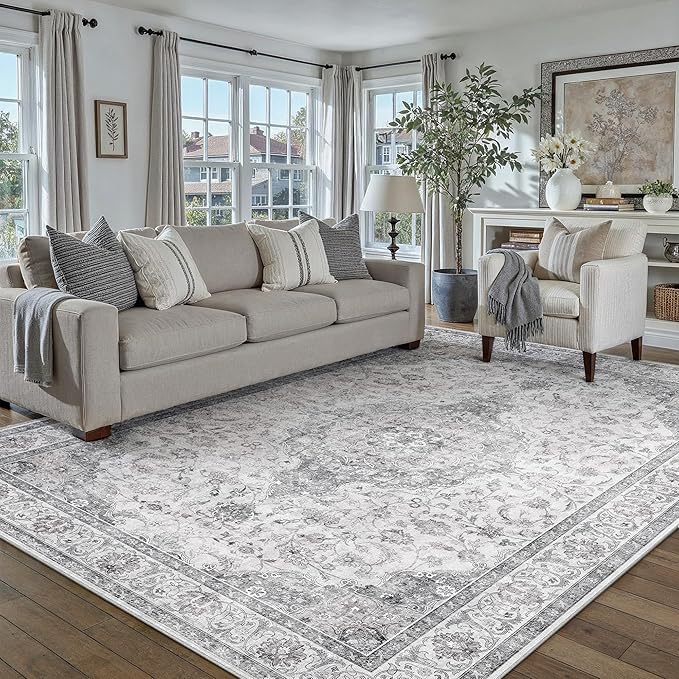 HUGEAR Area Rug 6x9 Vintage Grey Machine Washable Living Room Rugs Thin Neutral Floral Vacuumable Low Pile Carpet Bedroom Office Dining Room Laundry Room Non Slip Soft Lightweight
