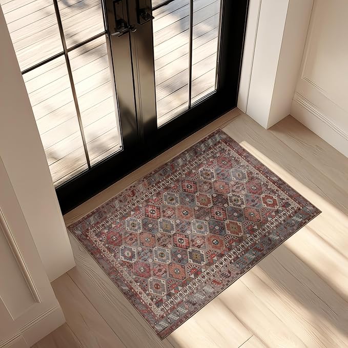 Kuden 2x3 Small Rug, Machine Washable, Non-Slip Backing, Vintage Style, Soft, Low Pile, Area Rugs for Entryway Kitchen Indoor Entrance