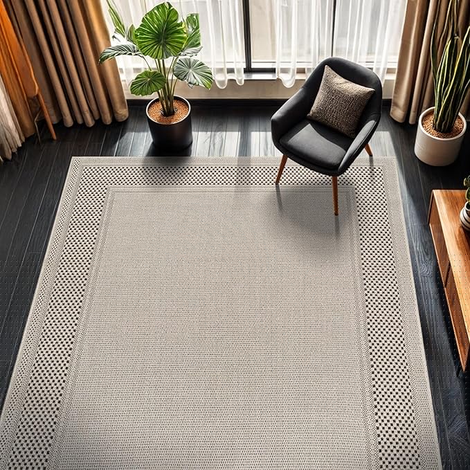 CAMILSON Easy Jute Rug 6x9, Indoor Outdoor Off-White Color Fiber Area Rugs for Entry, Living Room and Farmhouse Rug, Bordered Boho Woven Design, Easy-Cleaning, Washable Outside Carpet (6 x 9)
