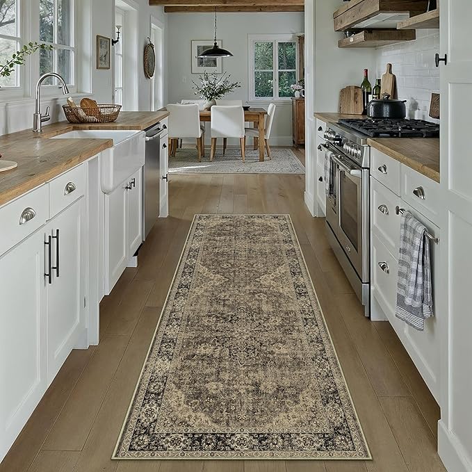 HUGEAR 2x6 Runner Rug Hallway Machine Washable Retro Brown Vintage Floral Low Pile Carpet Distressed Long Throw Rug Bedroom Office Bathroom Kitchen Laundry Non Slip Soft Lightweight