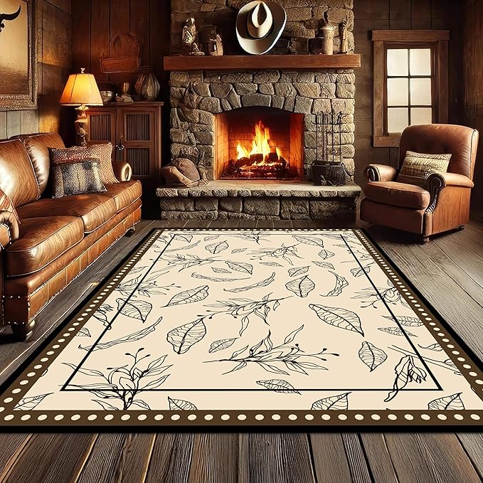 Medieval French Style Area Rugs 7x9ft, Off-White Botanical Leaf Pattern Rug, Low Pile Carpet, Washable & Non-Slip for Living Room, Bedroom, Dining Room, Dorm